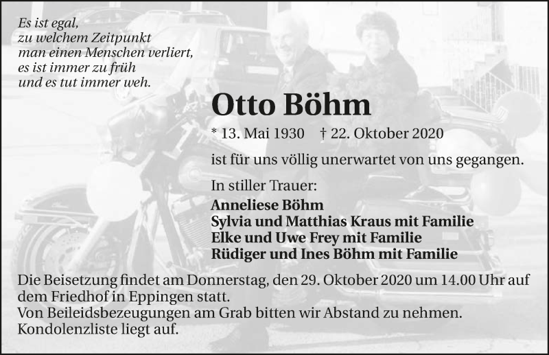  Traueranzeige für Otto Böhm vom 27.10.2020 aus GESAMT