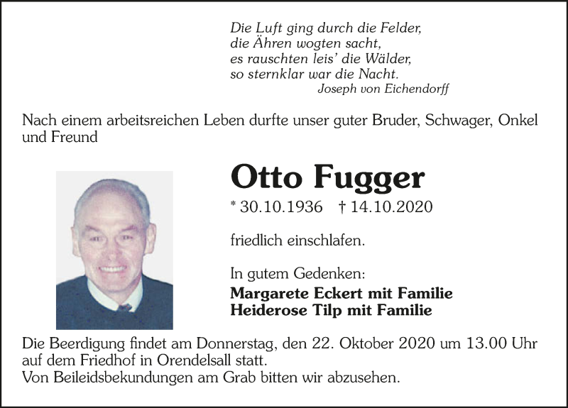  Traueranzeige für Otto Fugger vom 19.10.2020 aus GESAMT