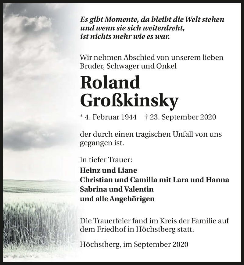  Traueranzeige für Roland Großkinsky vom 02.10.2020 aus GESAMT