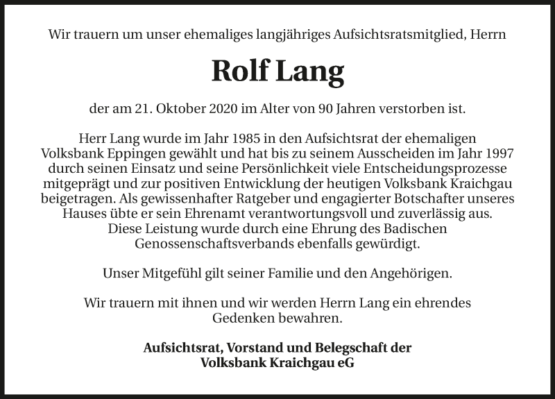  Traueranzeige für Rolf Lang vom 27.10.2020 aus GESAMT