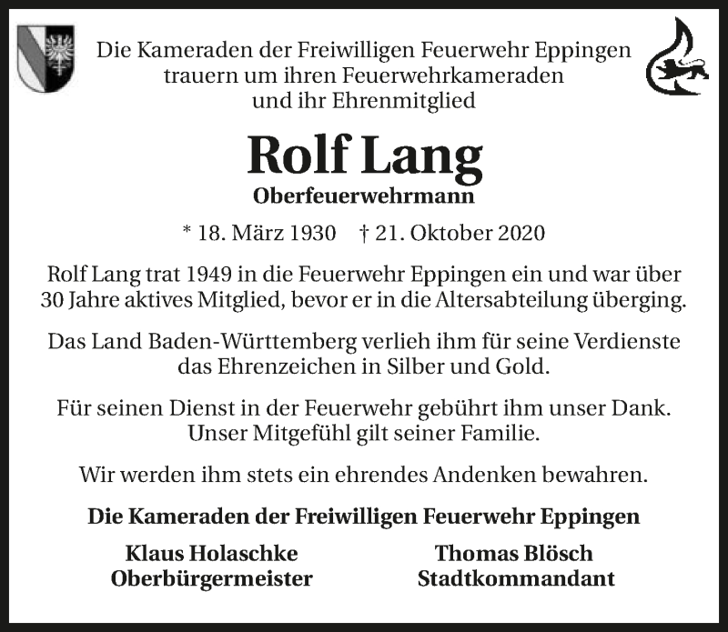  Traueranzeige für Rolf Lang vom 24.10.2020 aus GESAMT