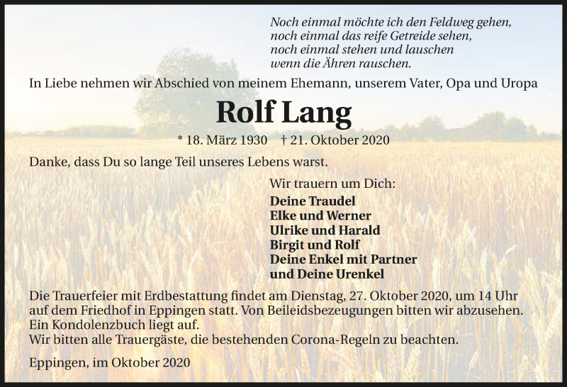  Traueranzeige für Rolf Lang vom 24.10.2020 aus GESAMT