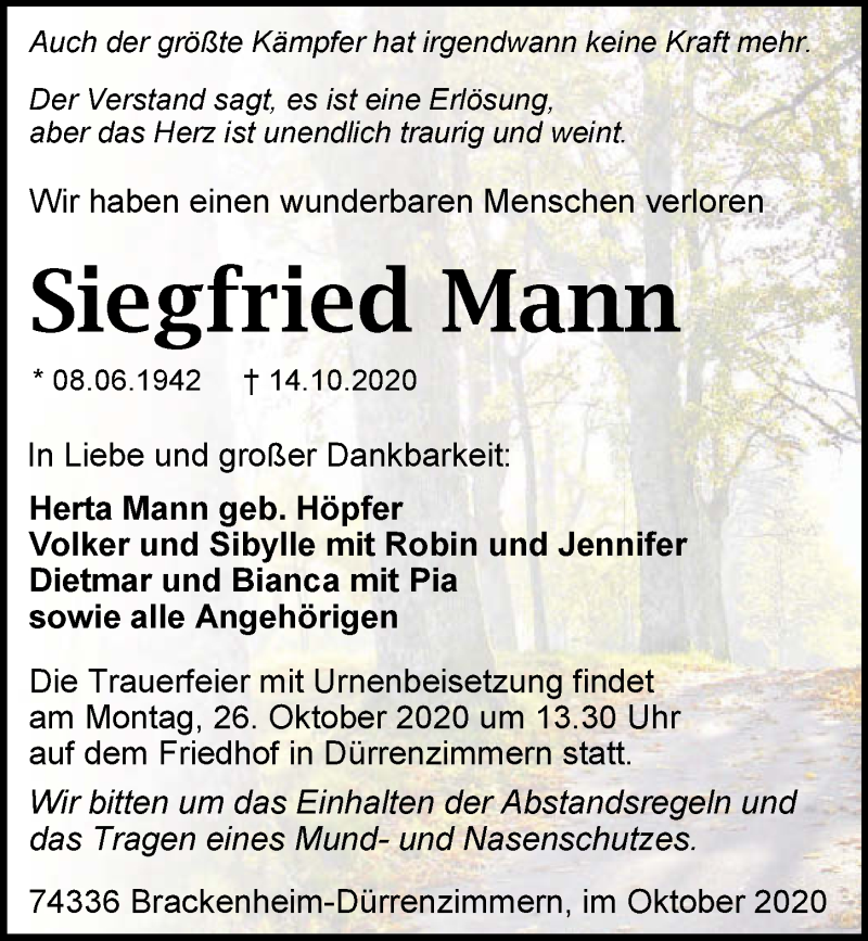  Traueranzeige für Siegfried Mann vom 21.10.2020 aus GESAMT