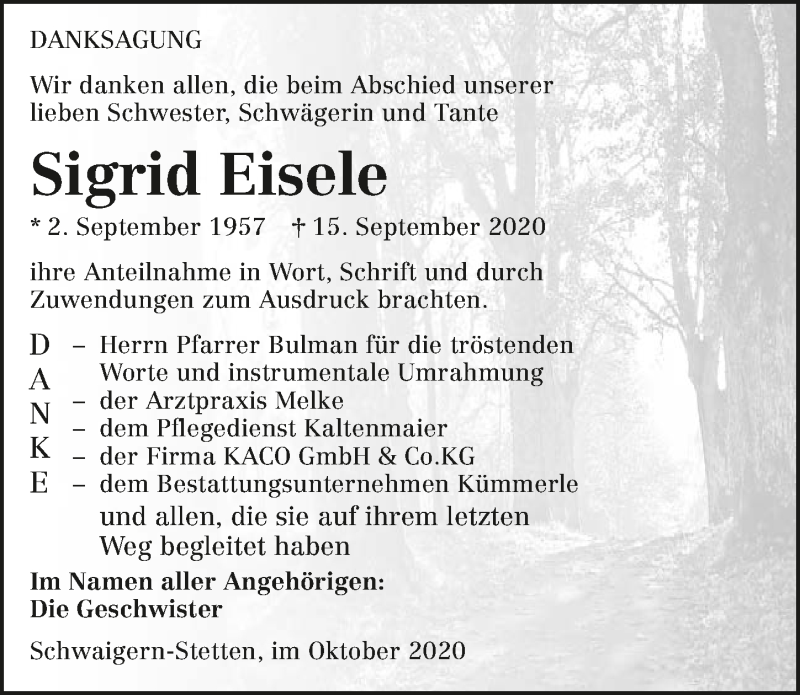  Traueranzeige für Sigrid Eisele vom 24.10.2020 aus GESAMT