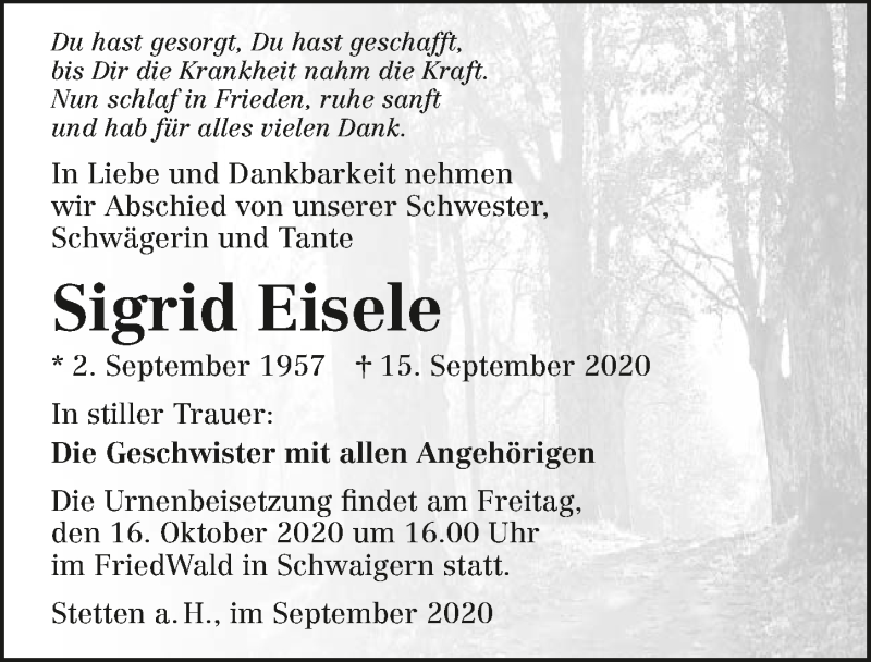  Traueranzeige für Sigrid Eisele vom 10.10.2020 aus GESAMT