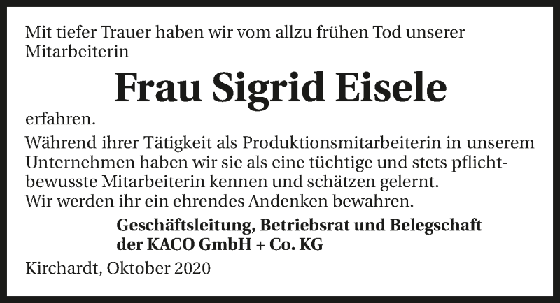  Traueranzeige für Sigrid Eisele vom 17.10.2020 aus GESAMT