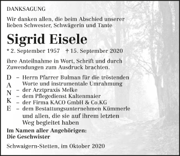 Traueranzeige von Sigrid Eisele von GESAMT