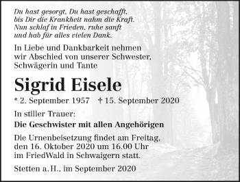 Traueranzeige von Sigrid Eisele von GESAMT