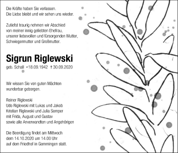 Traueranzeige von Sigrun Riglewski von GESAMT