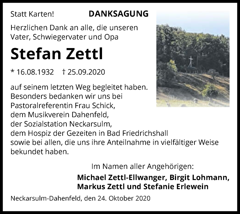  Traueranzeige für Stefan Zettl vom 24.10.2020 aus GESAMT