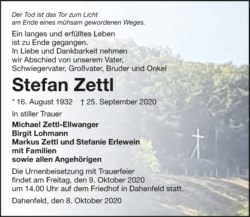 Traueranzeige für Stefan Zettl vom 08.10.2020 aus GESAMT