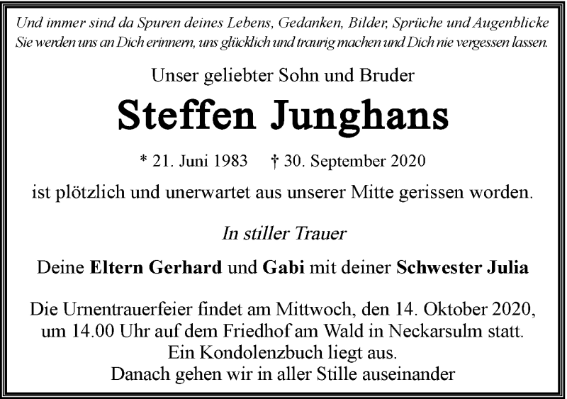  Traueranzeige für Steffen Junghans vom 10.10.2020 aus GESAMT