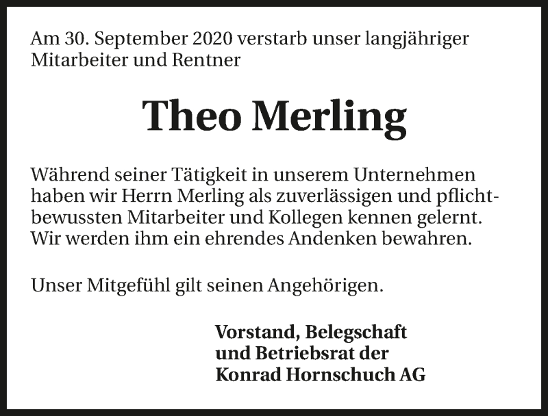  Traueranzeige für Theo Merling vom 07.10.2020 aus GESAMT