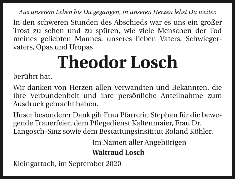 Traueranzeige für Theodor Losch vom 10.10.2020 aus GESAMT