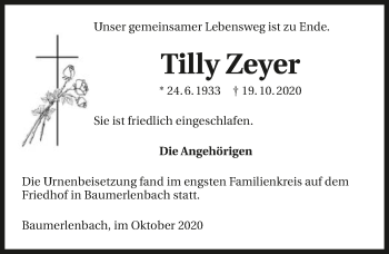 Traueranzeige von Tilly Zeyer von GESAMT
