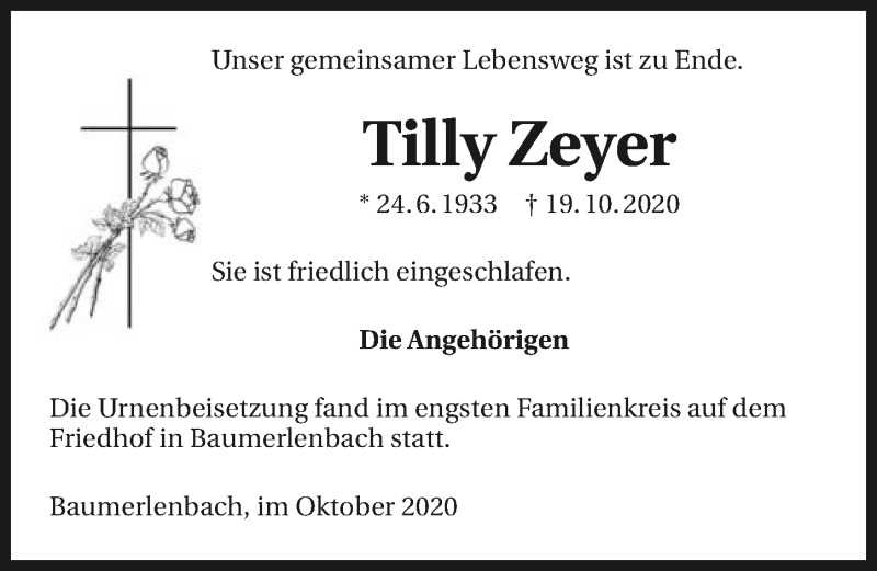  Traueranzeige für Tilly Zeyer vom 31.10.2020 aus GESAMT