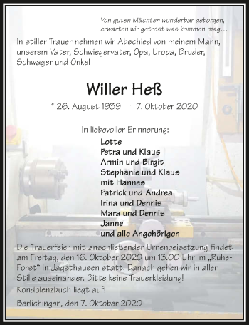 Traueranzeige von Willer Heß von GESAMT