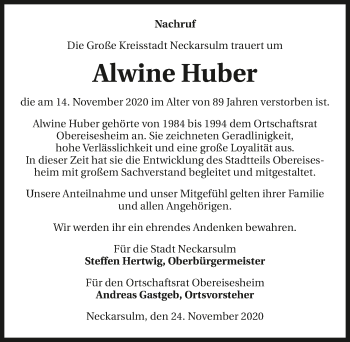 Traueranzeige von Alwine Huber von GESAMT