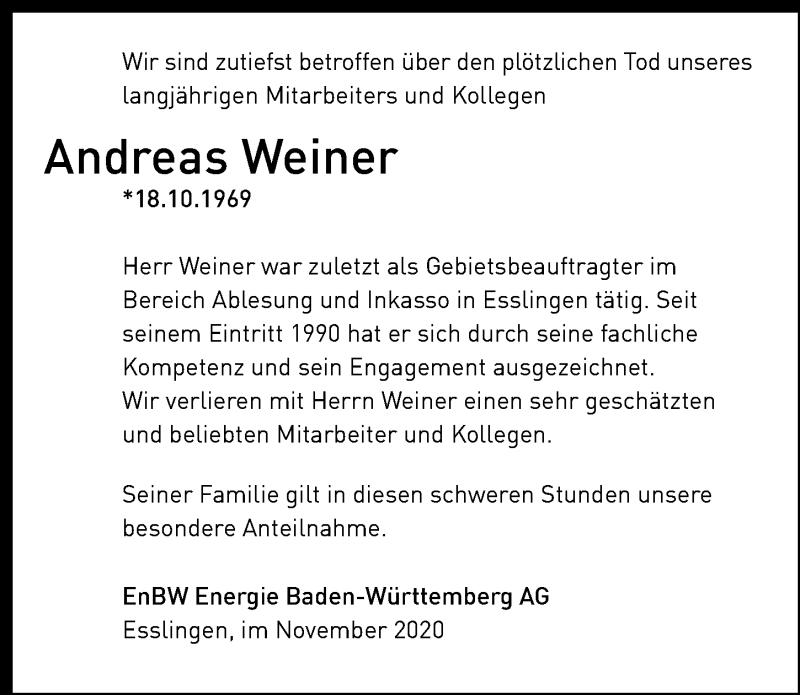  Traueranzeige für Andreas Weiner vom 13.11.2020 aus GESAMT