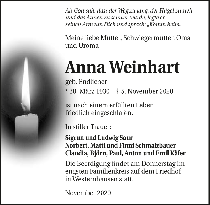  Traueranzeige für Anna Weinhart vom 17.11.2020 aus GESAMT