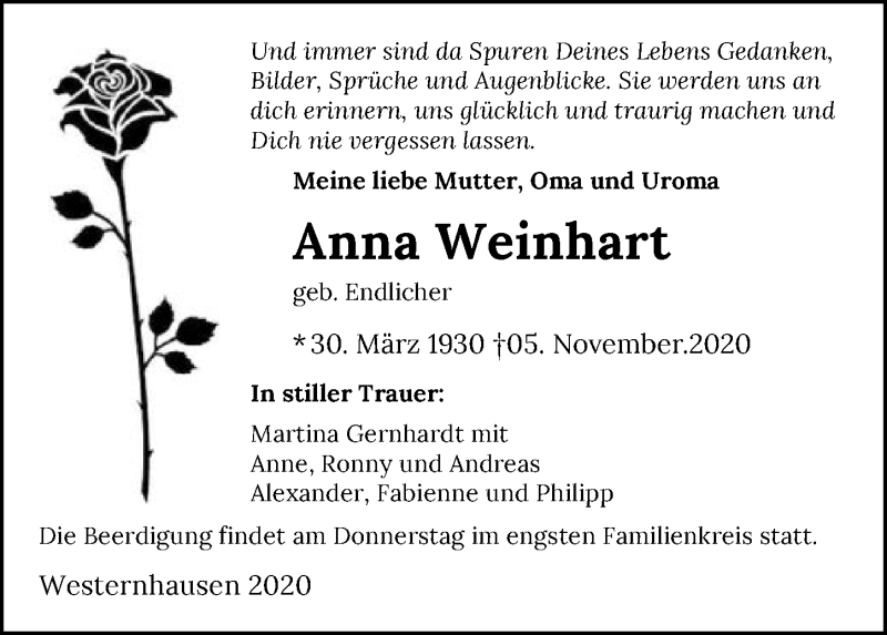  Traueranzeige für Anna Weinhart vom 17.11.2020 aus GESAMT