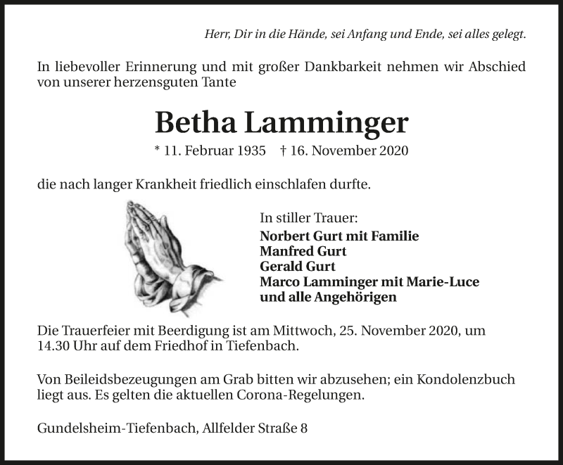 Traueranzeige für Betha Lamminger vom 21.11.2020 aus GESAMT