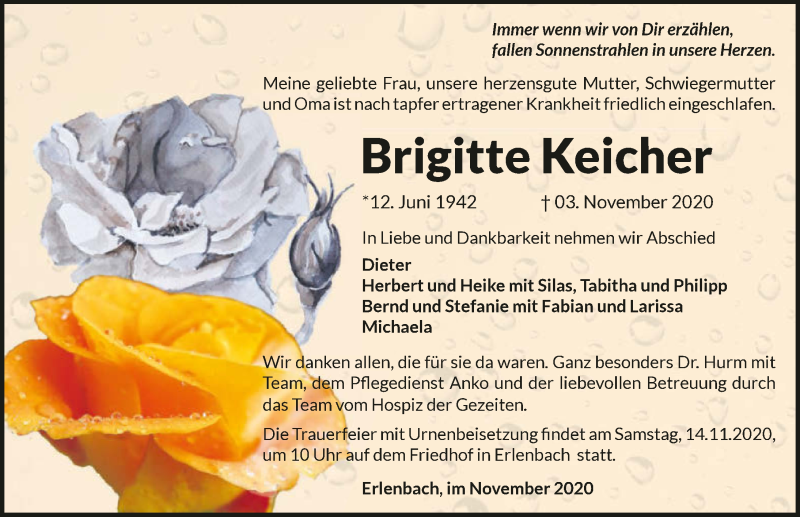  Traueranzeige für Brigitte Keicher vom 07.11.2020 aus GESAMT