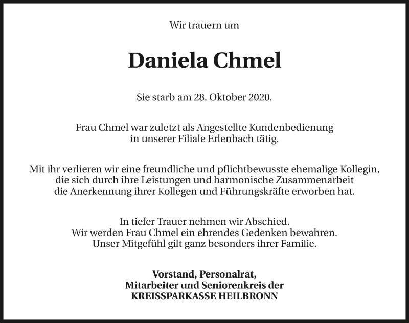  Traueranzeige für Daniela Chmel vom 03.11.2020 aus GESAMT