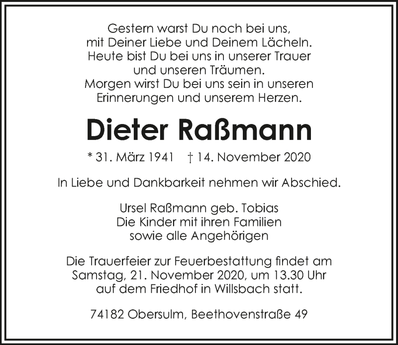  Traueranzeige für Dieter Raßmann vom 18.11.2020 aus GESAMT