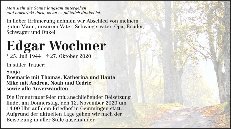  Traueranzeige für Edgar Wochner vom 07.11.2020 aus GESAMT