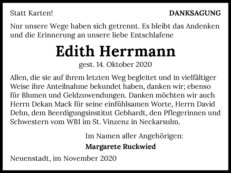  Traueranzeige für Edith Herrmann vom 04.11.2020 aus GESAMT