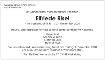 Traueranzeige von Elfriede Risel von GESAMT
