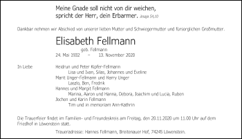 Traueranzeige von Elisabeth Fellmann von GESAMT