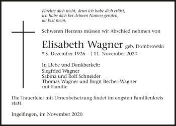 Traueranzeige von Elisabeth Wagner von GESAMT