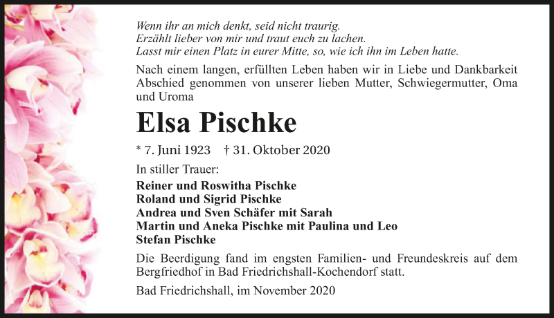  Traueranzeige für Elsa Pischke vom 07.11.2020 aus GESAMT