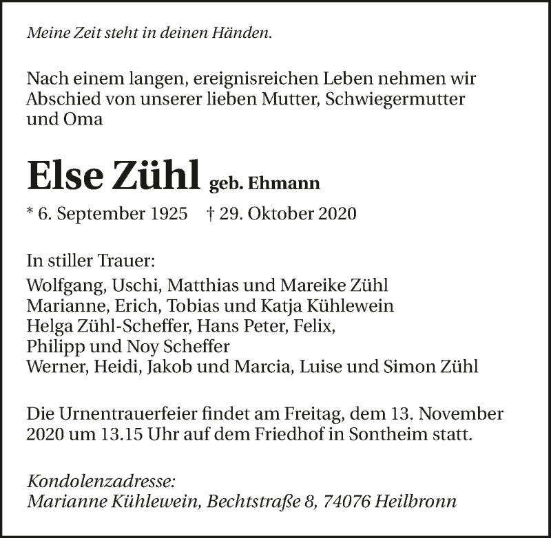 Traueranzeige für Else Zühl vom 07.11.2020 aus GESAMT