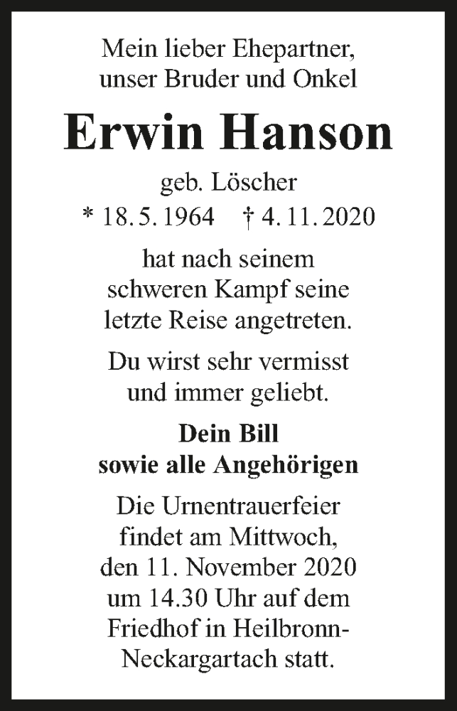 Traueranzeige für Erwin Hanson vom 07.11.2020 aus GESAMT