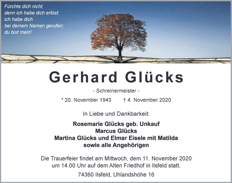  Traueranzeige für Gerhard Glücks vom 07.11.2020 aus GESAMT