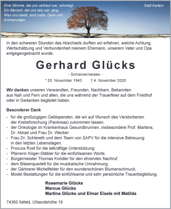 Traueranzeige von Gerhard Glücks von GESAMT