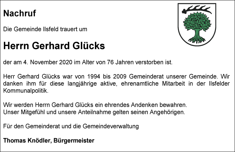  Traueranzeige für Gerhard Glücks vom 07.11.2020 aus GESAMT