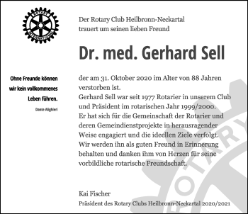 Traueranzeige von Gerhard Sell von GESAMT