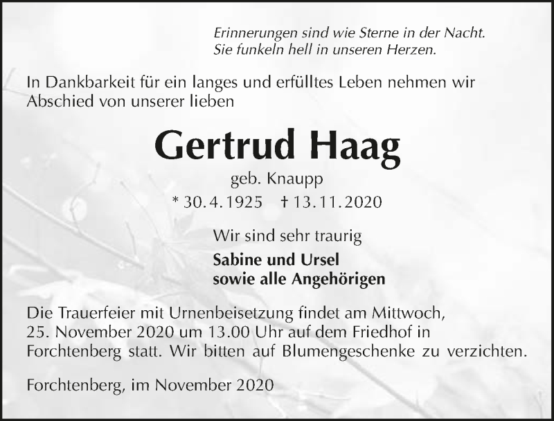  Traueranzeige für Gertrud Haag vom 20.11.2020 aus GESAMT