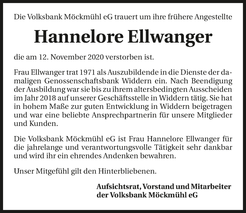  Traueranzeige für Hannelore Ellwanger vom 18.11.2020 aus GESAMT