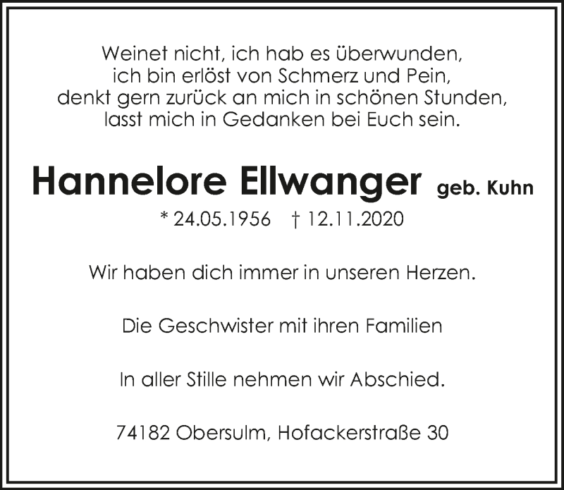  Traueranzeige für Hannelore Ellwanger vom 14.11.2020 aus GESAMT