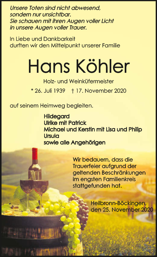  Traueranzeige für Hans Köhler vom 25.11.2020 aus GESAMT