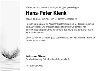 Traueranzeige von Hans-Peter Klenk von GESAMT