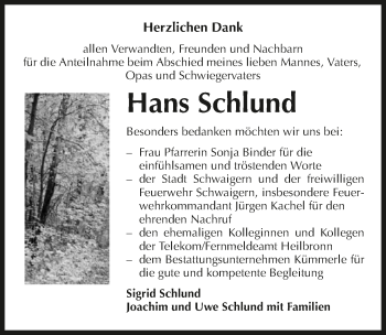 Traueranzeige von Hans Schlund von GESAMT