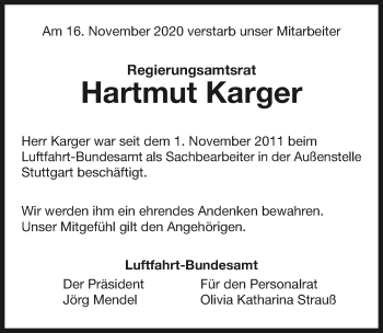 Traueranzeige von Hartmut Karger von GESAMT