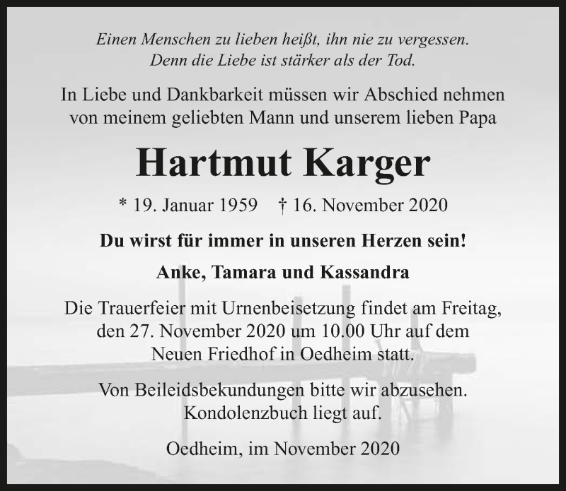  Traueranzeige für Hartmut Karger vom 21.11.2020 aus GESAMT