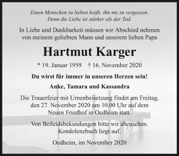 Traueranzeige von Hartmut Karger von GESAMT